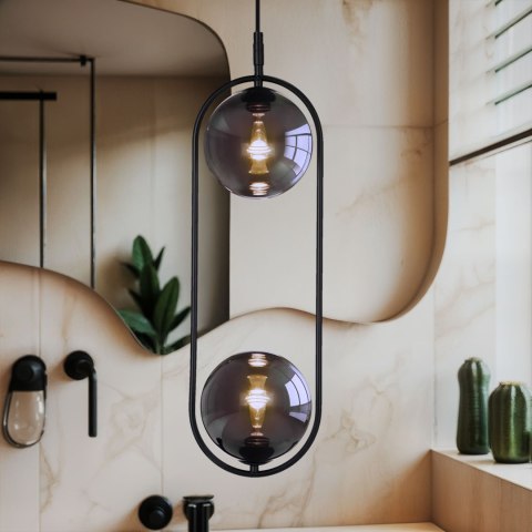 Lampa wisząca CORDEL elegancka - czarna z grafitowymi kloszami kulkami - minimalistyczne oświetlenie salonu 2x G9 LED Lampa wisząca CORDEL elegancka - czarna z grafitowymi kloszami kulkami - minimalistyczne oświetlenie salonu 2x G9 LED
