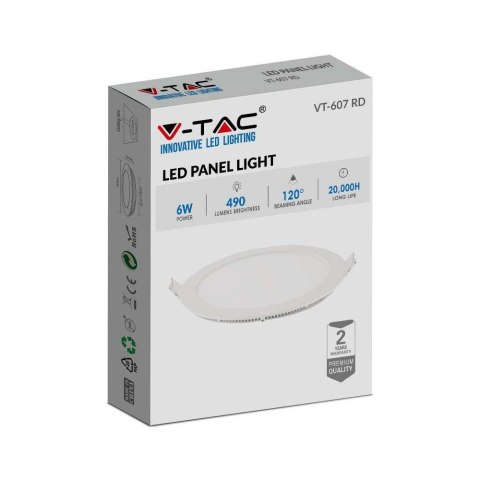 Panel LED V-TAC Premium Downlight 6W Okrągły fi120 VT-607 2700K 490lm Panel LED V-TAC Premium Downlight 6W Okrągły fi120 VT-607 2700K 490lm
