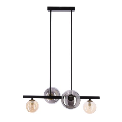 Lampa wisząca Kama 4x28W G9 czarna i złota, klosze grafitowe i bursztynowe, styl nowoczesny, elegancka oprawa sufitowa