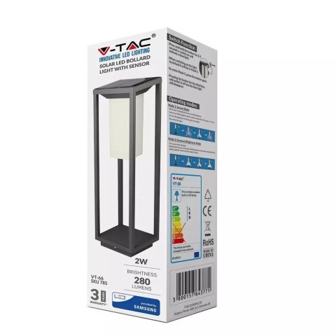 Słupek Ogrodowy Solarny V-TAC 4W LED SAMSUNG CHIP Szary 2-funkcje IP65 VT-66 3000K 280lm 3 Lata Gwarancji