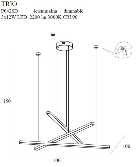 MAXLIGHT P0426D LAMPA WISZĄCA TRIO 3 ZŁOTA ŚCIEMNIALNA