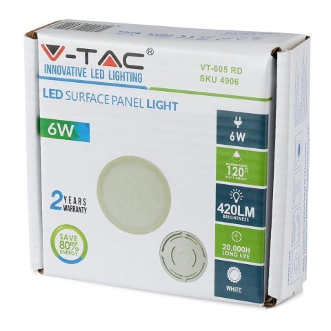 Panel LED Natynkowy V-TAC Premium 6W Okrągły VT-605RD 3000K 420lm Panel LED Natynkowy V-TAC Premium 6W Okrągły VT-605RD 3000K 420lm
