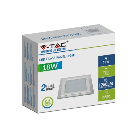 Panel LED V-TAC 18W LED Szkło Kwadrat VT-1881G SQ 4000K 1260lm