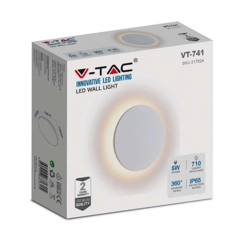 Oprawa Ścienna Kinkiet 5W V-TAC Bridgelux Biały Okrągły 135mm IP65 VT-741 3000K 710lm