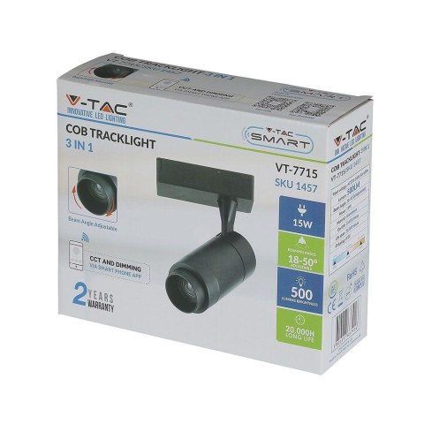 Oprawa LED V-TAC Szynosystem 3F 15W Czarna Bluetooth Barwa CCT 16-53st VT-7715-B 650lm