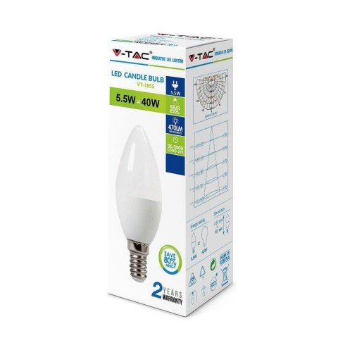 Żarówka LED V-TAC 5.5W E14 Świeczka VT-1855 6400K 470lm Żarówka LED V-TAC 5.5W E14 Świeczka VT-1855 6400K 470lm