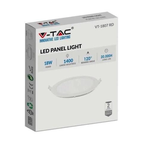 Panel LED V-TAC Premium Downlight 18W Okrągły fi225 VT-1807 6400K 1400lm