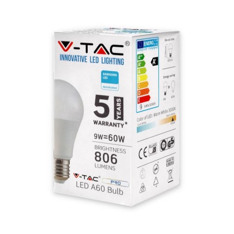 Żarówka LED V-TAC SAMSUNG CHIP 9W E27 A60 VT-210 6400K 806lm 5 Lat Gwarancji