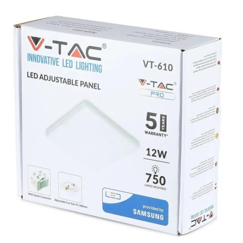 Panel V-TAC 12W LED Regulowany SAMSUNG CHIP Kwadrat 120x32mm VT-610SQ 3000K 750lm 5 Lat Gwarancji