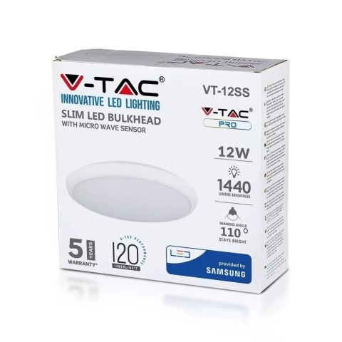 Plafon LED V-TAC Czujnik Mikrofalowy SAMSUNG CHIP 12W SLIM IP65 fi270mm VT-12SS 4000K 1440lm 5 Lat Gwarancji