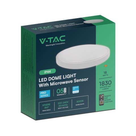 Plafon V-TAC 18W LED SAMSUNG CHIP Okrągły 29cm Natynkowy Pilot Czujnik Ruchu IP44 Biały VT-8618S 3000K 1830lm 5 Lat Gwarancji