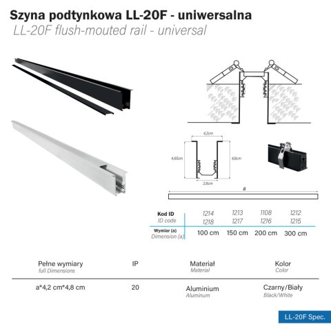 Szyna magnetyczna podtynkowa LL-20F biała 150cm