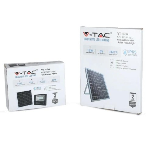 Projektor LED Solarny V-TAC 16W Czarny IP65, Pilot, Timer VT-40W 6000K 1050lm