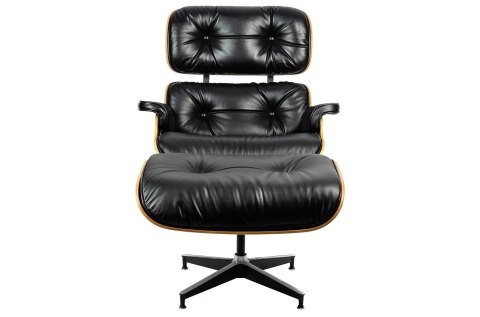 Fotel LOUNGE HM SOFT PREMIUM SZEROKI z podnóżkiem czarny - sklejka orzech, skóra naturalna