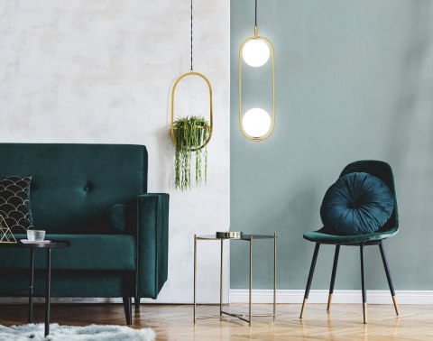 Lampa wisząca CORDEL elegancka - złoty mosiądz z białymi kloszami kulkami - nowoczesne oświetlenie salonu 2x G9 LED